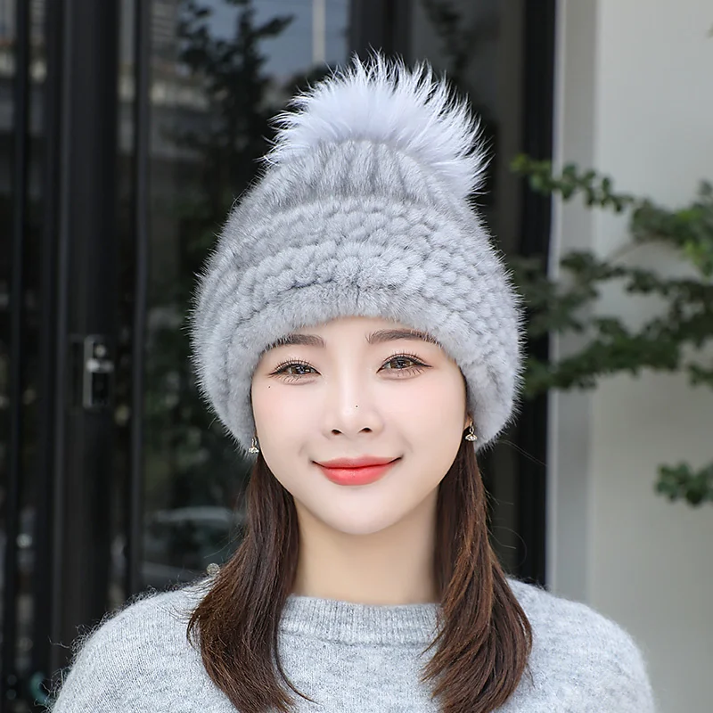 Women Cenuine Real Natural Knitted Mink Fur Hat Fashion Winter Warm Women Knit Caps Mink Hats With Fox Fur Vertical Woven Top