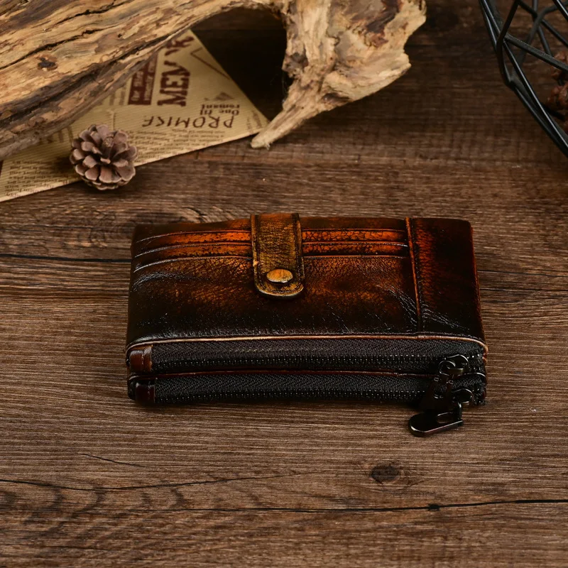 Genuine Leather Men's Short Wallet Retro Card Holder Casual Purse Zipper Coin Pouch Handbag