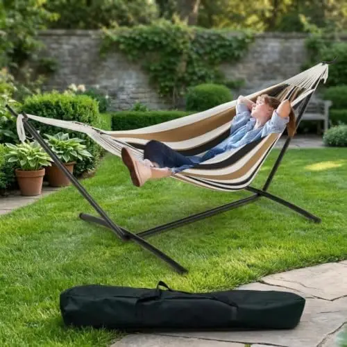 2 Person Double Hammock with Stand Foldable, 450Lbs Capacity, Double Hammocks Portable with Carrying Bag, Thick Rope