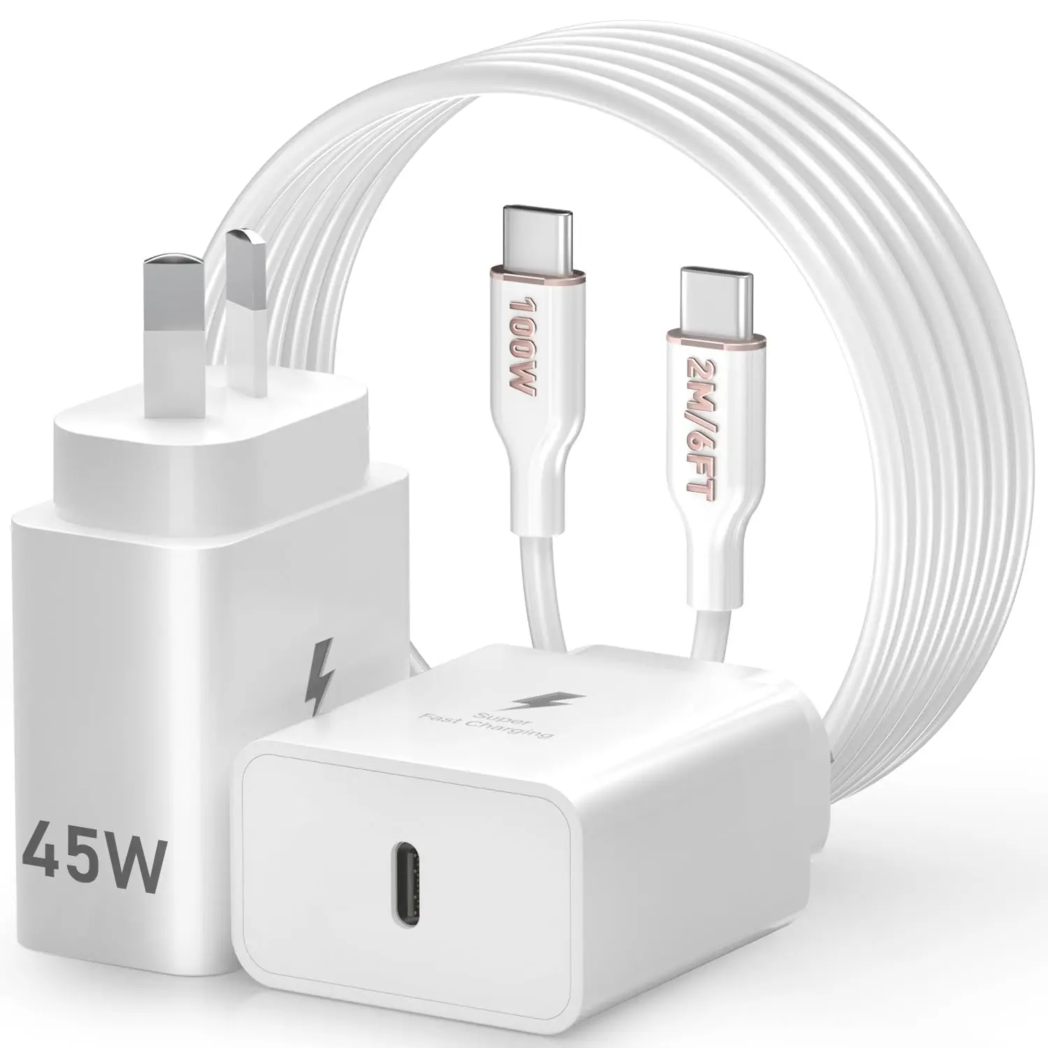 45W Super Fast Charger, USB C Fast Charger Compatible for Samsung S25/S24/S23 with 2M/6.6FT USBC to USB C 100W Cable