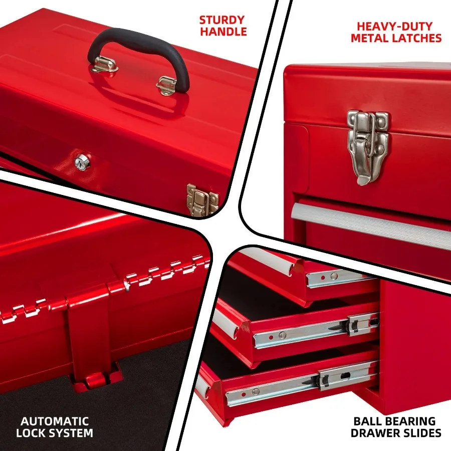 

Metal Tool Box with 4 Drawers Portable Steel Tool Chest with Metal Cylinder Lock and Latch Closure, Liner, Red Powder coating,