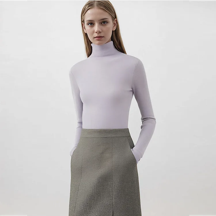 

Solid Color Elegant Lady Half High Neck Long Sleeved Base Shirt Top Slimming Knitwear Women's Clothing
