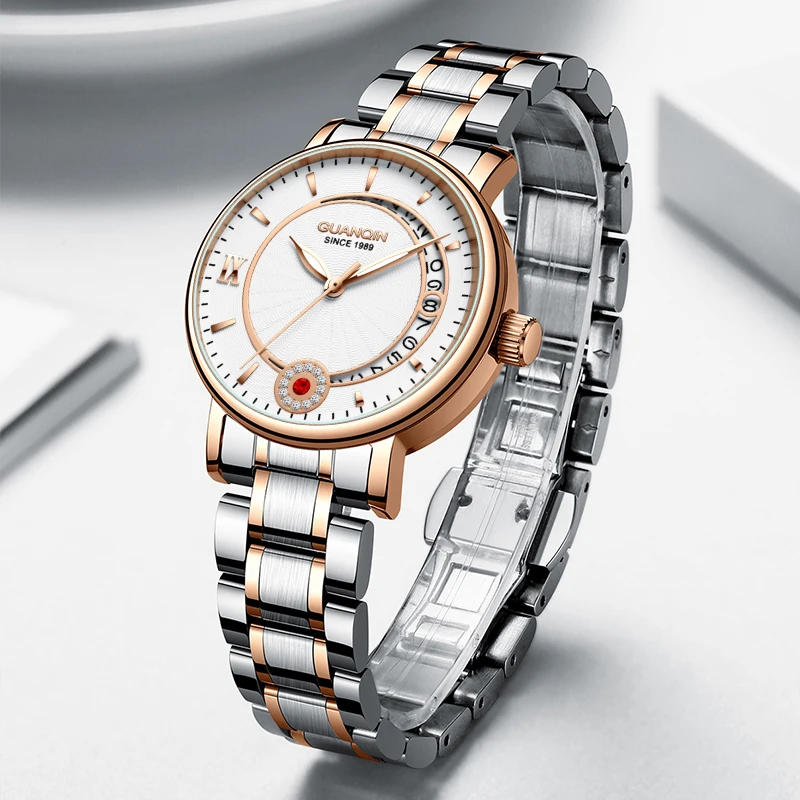 GUANQIN montre pour femme de luxe mouvement mécanique automatique squelette fenêtre de Date saphir cristal loisirs 30M montres étanches