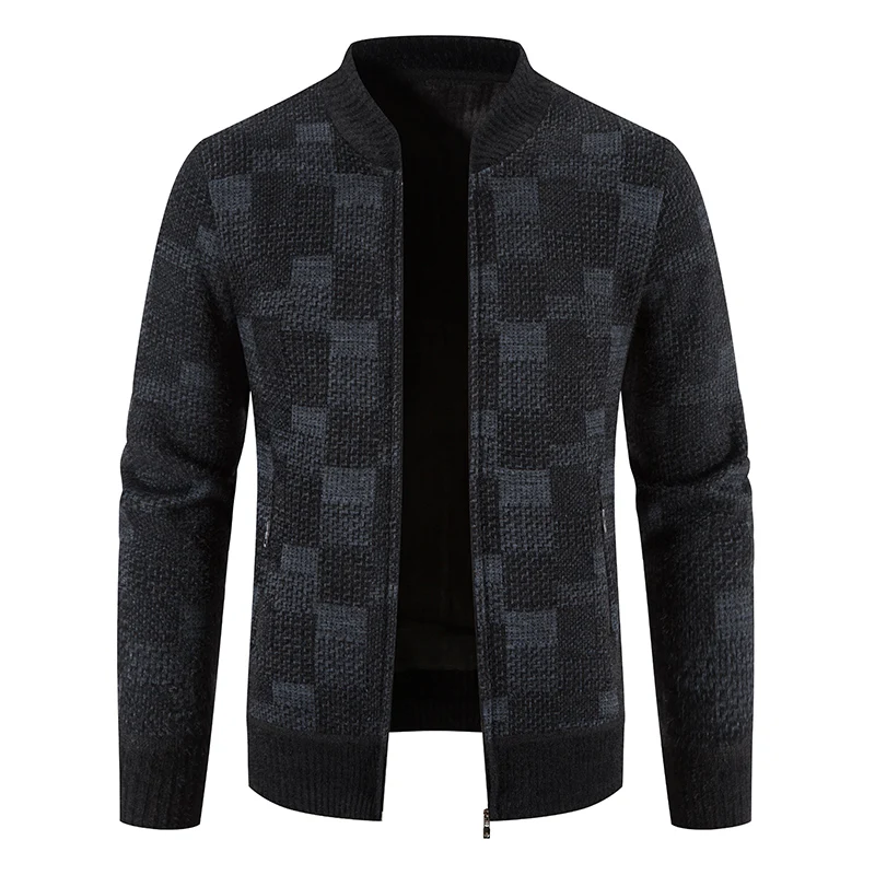 Mens Cardigan Sweater Autumn Winter Thick Warm Zipper Plaid Fashion Slim Fit Knitted Jacket Male Fleece Sweatercoat Men Clothing