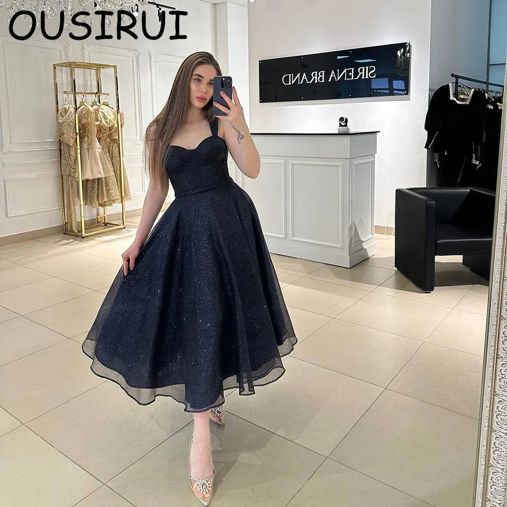 

OUSIRUI Spaghetti Straps Shiny Formal A-line Prom Party Dresses Tea-Length Backless Tulle Evening Party Gown vestidos de festa