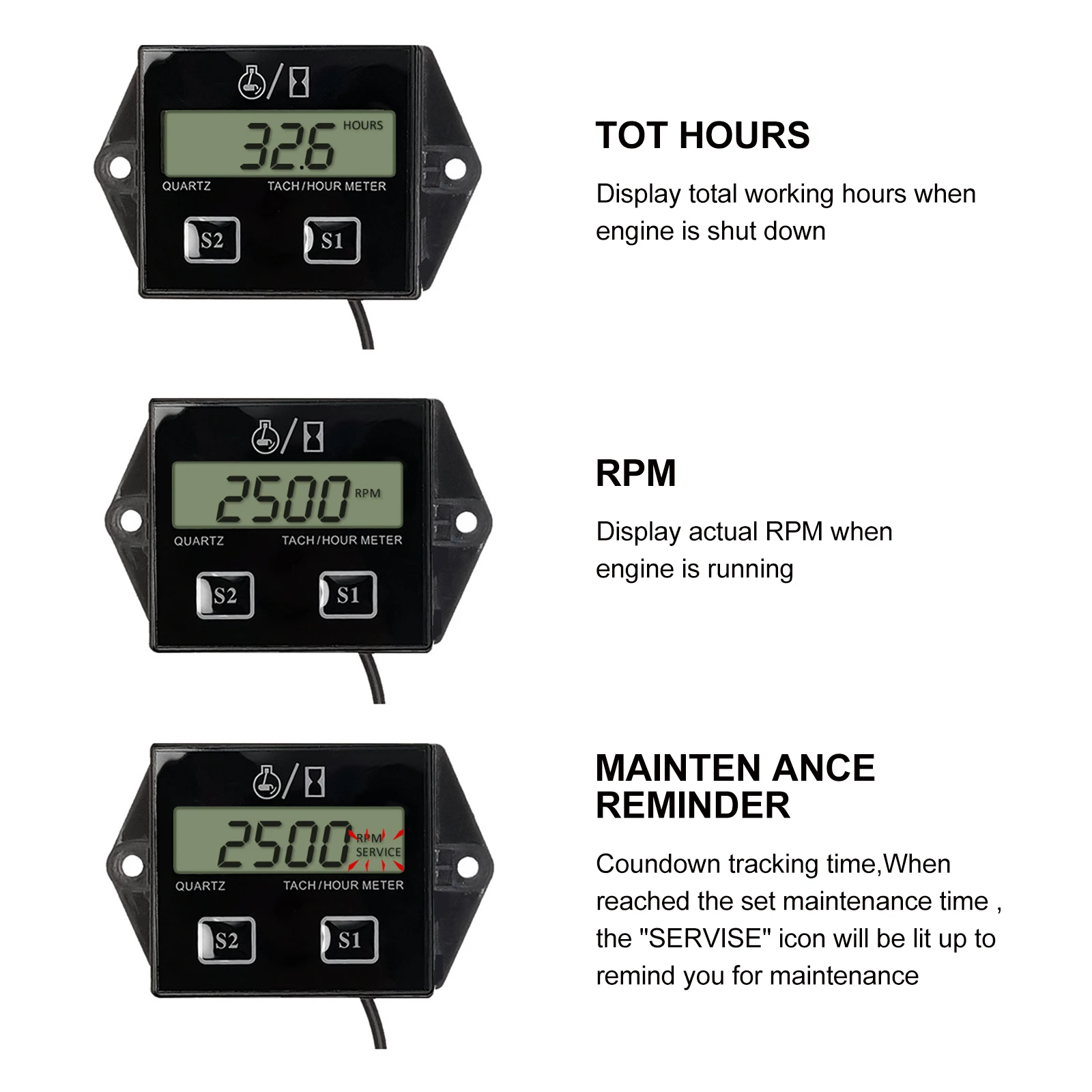

1pc Digital Tachometer Hour Meter Motorcycle Engine Timer Meters Durable Safe Materials Practical Bike Gift Digital Hour Meters