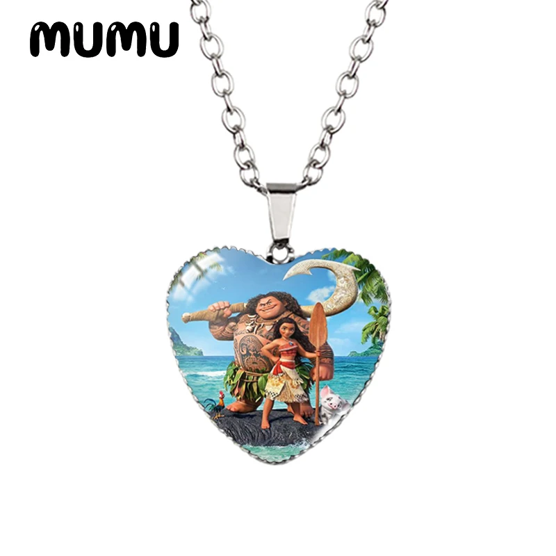 2024 New Princess Moana Heart Necklace Heihei Pua Glass Printed Photo Pendant Handmade Jewelry Gifts Children
