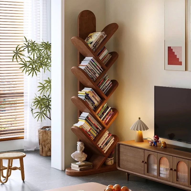 Solid Wood Tree-shaped Bookshelf, Narrow Corner Floor Display Rack for Living Room