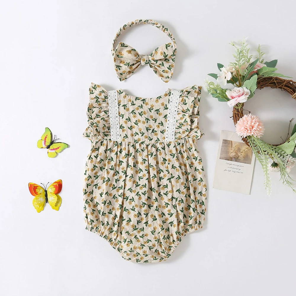 2025 Summer Baby Girls Clothes Floral One Piece Sleeveless Bodysuit Infant Girls Clothing with Headband