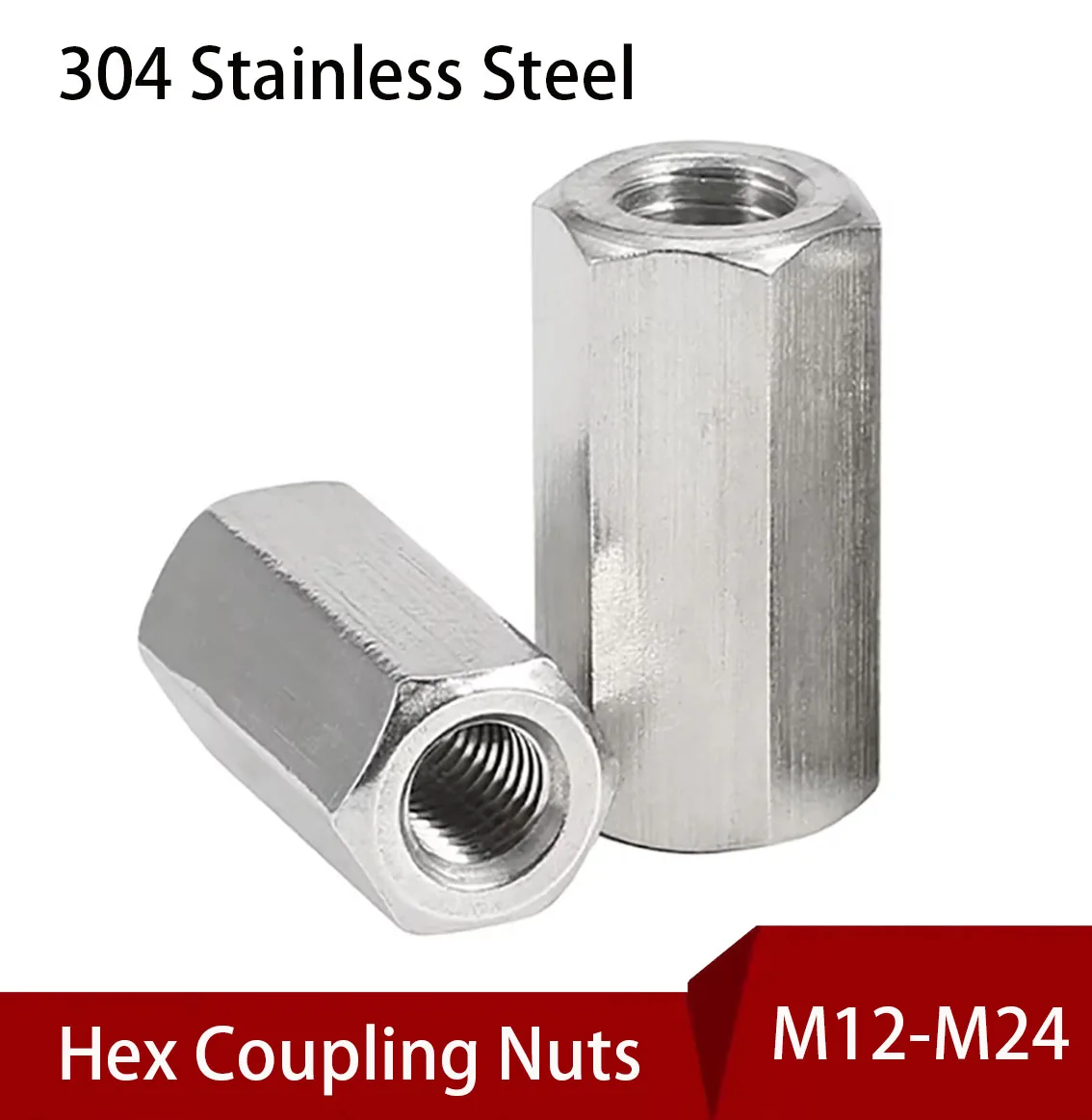 1Pcs M12-M24 Hex Coupling Nuts 304 Stainless Steel Hex Long Nut Connection Threaded Bar Stud Hardware Accessories