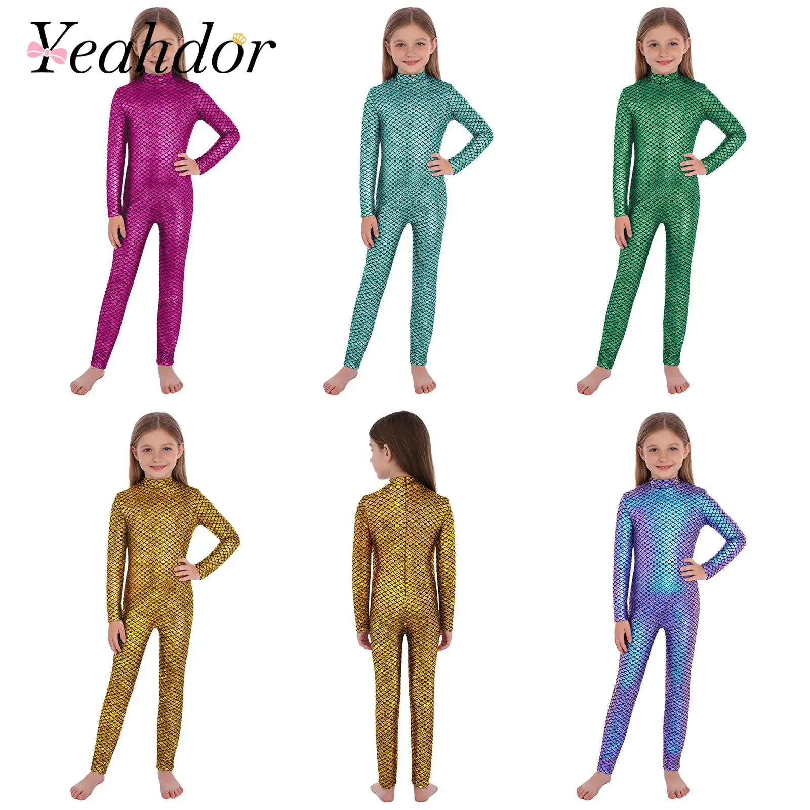 Kids Girls Metallic Fish Scales Jumpsuit Full Length Leotard Children Long Sleeve Gymnastics Bodysuit Dance Performance Costumes
