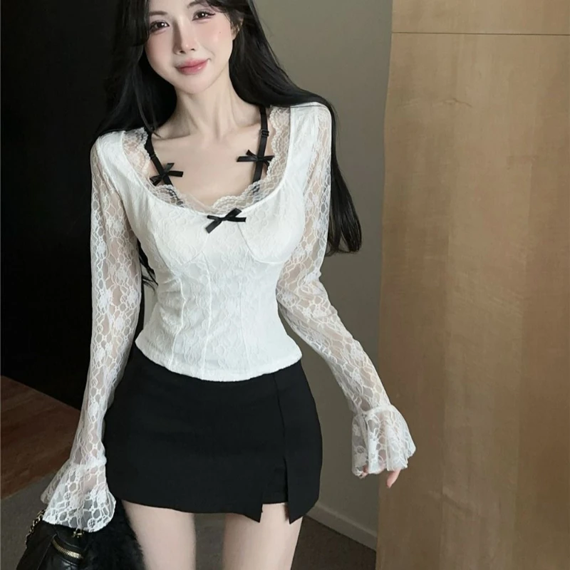 

Sweet Atmosphere Butterfly Bow Decoration Lace Top Pure Desire Style Spicy Girl White Tight Waist Slimming Base Shirt
