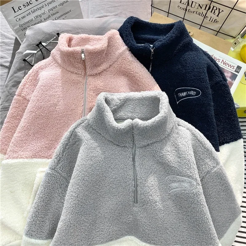 Winter Warm Fleece Sweatshirts Women Casual Patchwork Embroidered Half Zipper Hoodies Harajuku Baseball Oversized Pullovers Tops