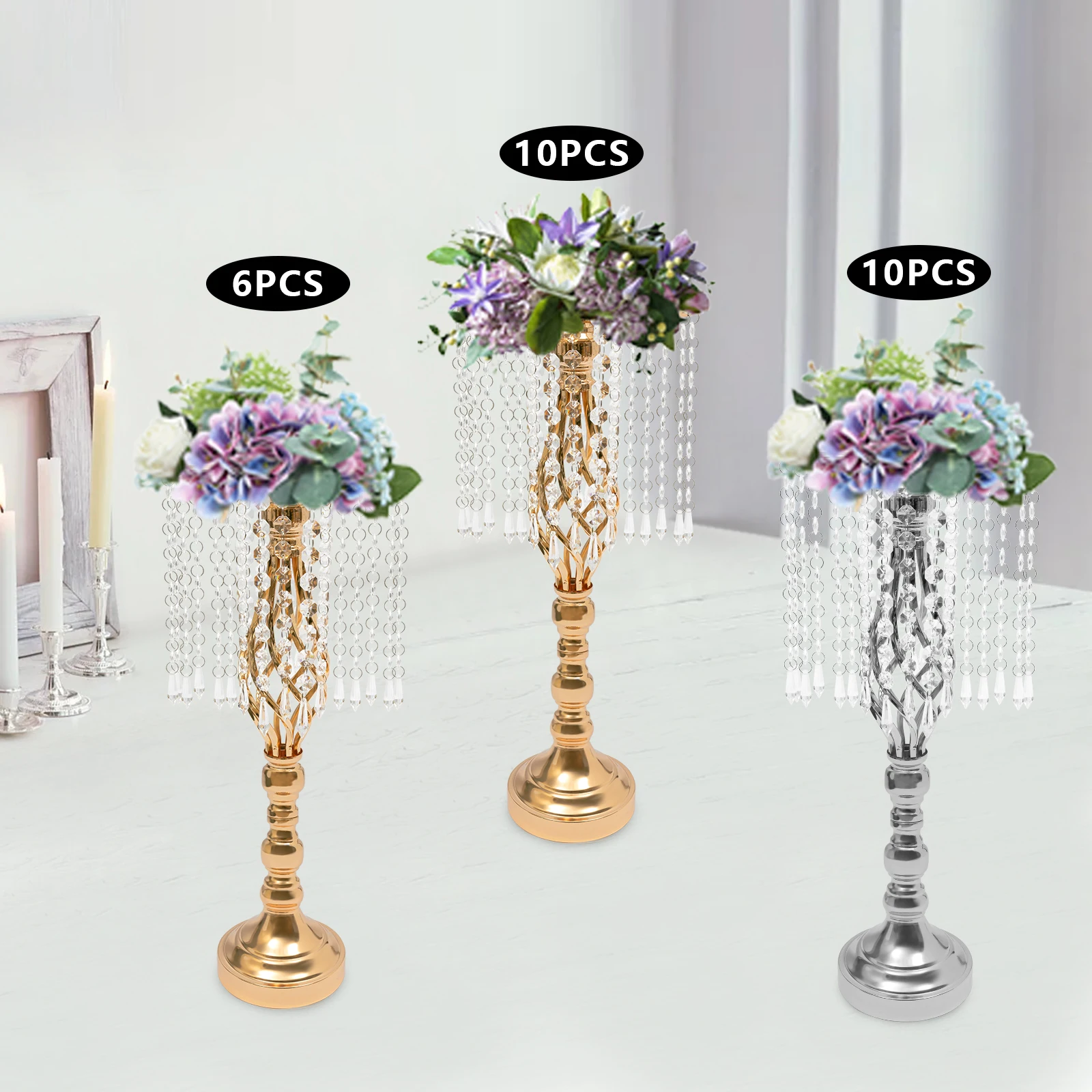 6/10Pcs Crystal Flower Stand Wedding Road Lead Tall Flower Holders Centerpiece Metal Flower Vase Wedding Supplies Gold/Silver