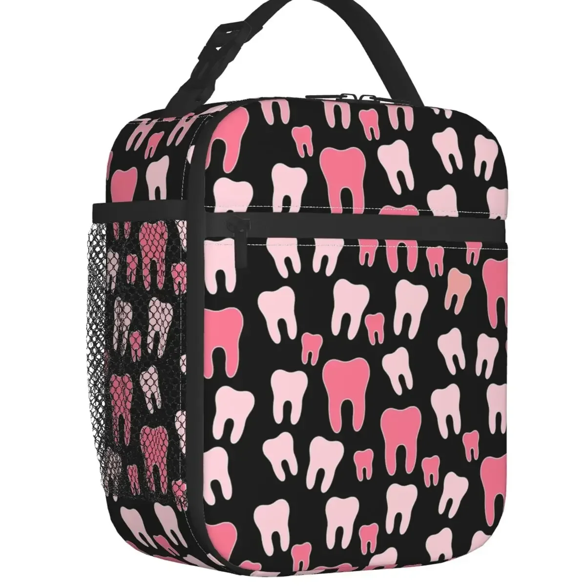 

Pink Teeth Pattern Insulated Lunch Bag for Women Waterproof Dentist Teeth Thermal Cooler Lunch Tote Kids School Children