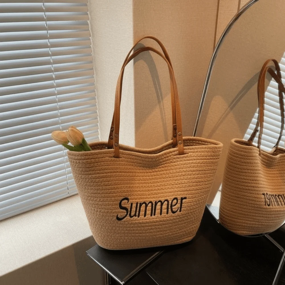 

Casual Letter Women Tote Bag Korean Style Large Capacity Weave Beach Bag Basket Solid Color Cotton Rope Handbag Seaside