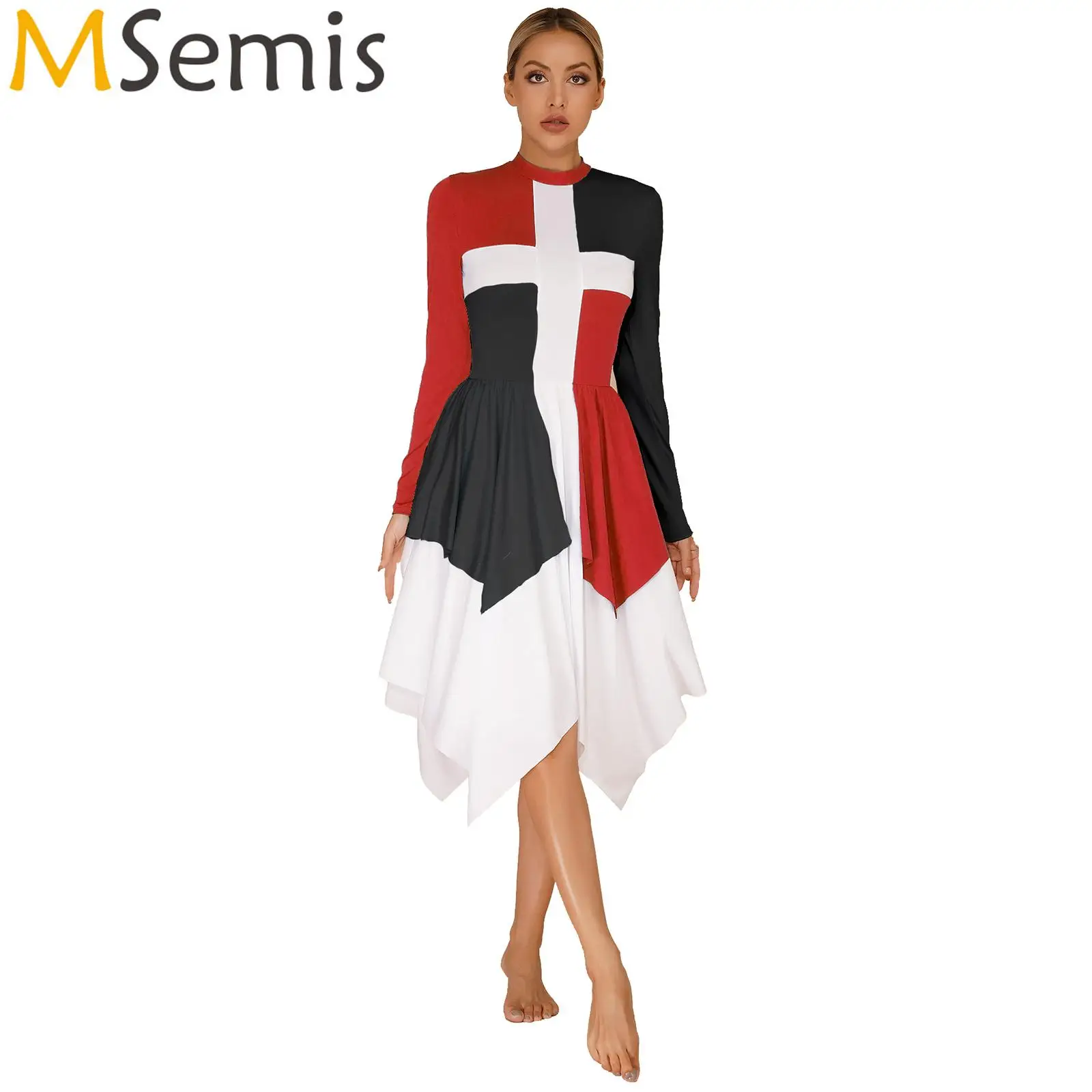 

Womens Liturgical Praise Lyrical Dance Choir Tunic Dress Ballet Costume Mock Neck Long Sleeve Irregular Hem Cosplay Dresses