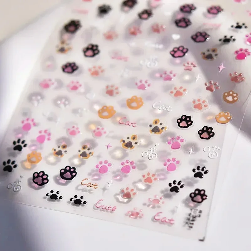 Sweet Pink Cute Cat Paw Print Star Love Heart Jelly Cartoon Kitty Embossed Relief Self Adhesive Nail Art Sticker Manicure Decals