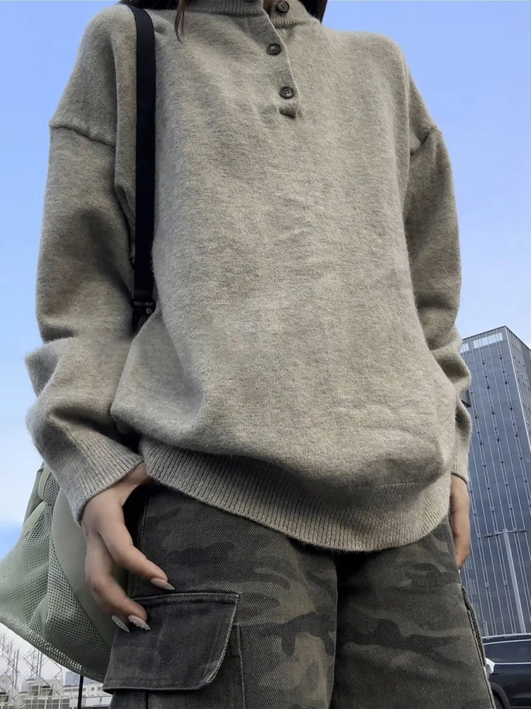 

American Retro Knitted Sweater Men's Sle Couple Outerwear Henry Collar Lazy High-End Feeling Autumn Winter Casual Wear