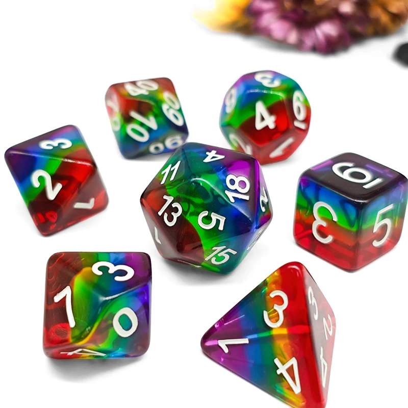 7-teiliges Set Transparente Regenbogen-Schichtwürfel, Harz-Polyeder-Würfel für TTRPG DND RPG MTG Brettspiele