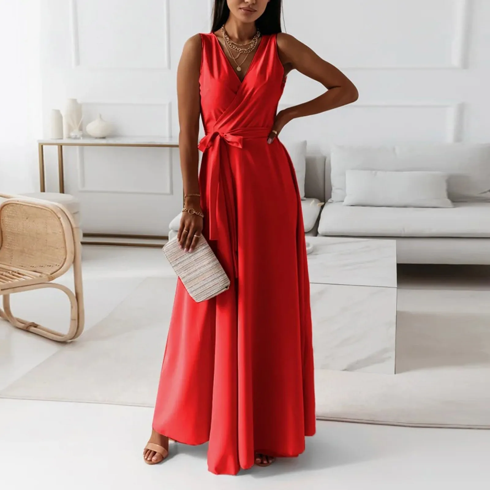 Elegant Sleeveless Neck Long Dress With Waist Tie For Women Perfect For Evening Dresses For Women 2024 Elegant Party Dress