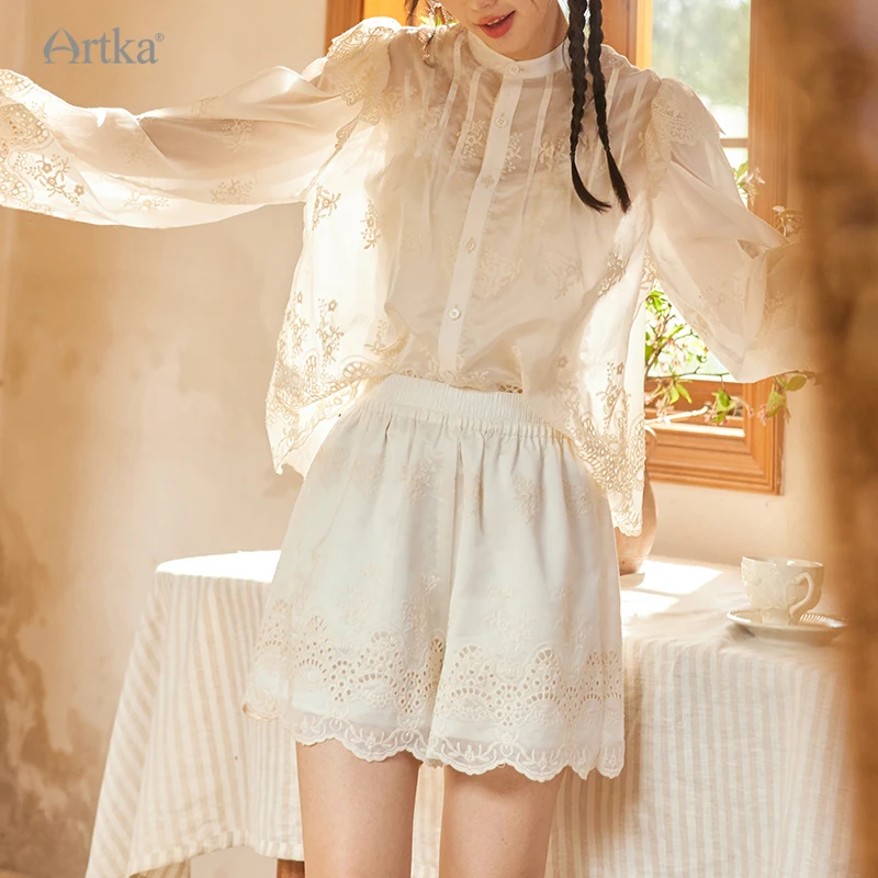 ARTKA 2024 Summer New Women Blouse Set French Elegant Hollow Embroidery Lace Shirts Three-piece Set A-Line Skirt Shorts SA92332Q