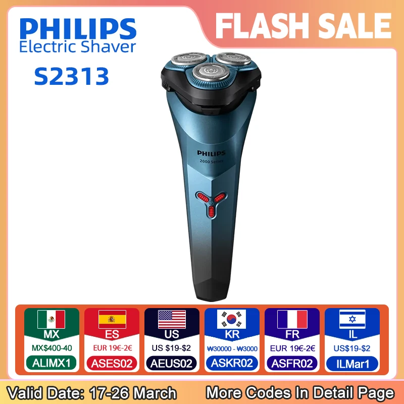 PHILIPS S2313 Electric Shaver Beard Trimmer Smooth 3 Blade 4-Way Floating Head Men's Dry Wet Fast Shaving Washable Shear Razor