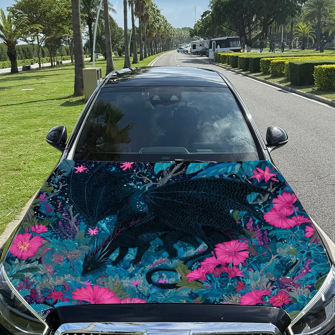 

Blue Dragon in Gorgeous Flower Domain Car Vinyl Wrap, PVC Material Waterproof Car Hood Sticker, Self-Adhesive Scratch-Resistant