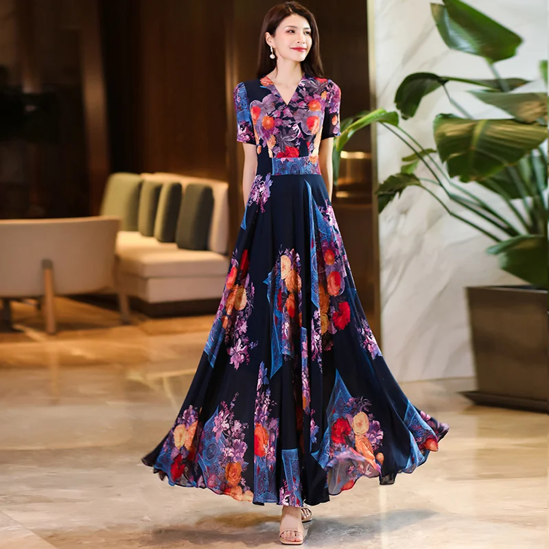 Boho Summer Chiffon Beach Maxi Dress Women Elegant V-neck Short Sleeve Flower Print Dance Evening Party Long Dress 2025 New