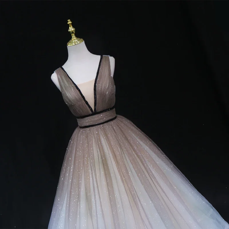 Customized Evening Dress Gradient Coffee V-neck Pleat Sleeveless Lace up A-line Floor Length Plus size Women Party Formal Gown