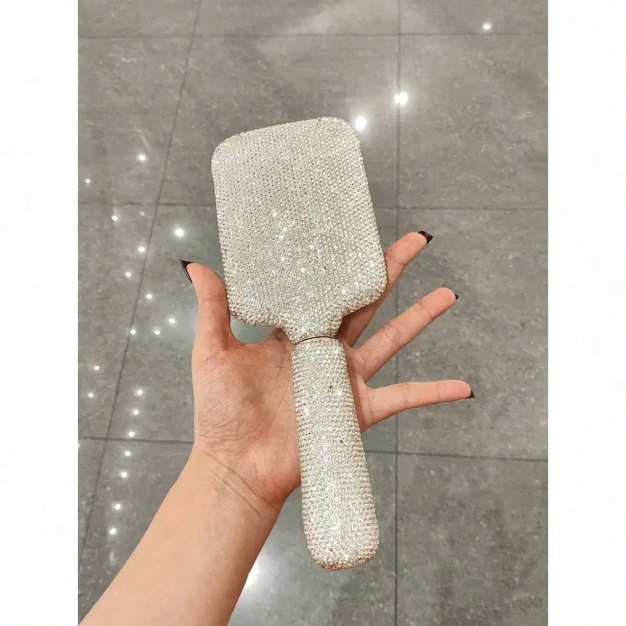 Rhinestone‑Encrusted Cushion Paddle Hair Brush, Long‑Handle Scalp‑Massage Detangling Hairbrush, Portable Travel‑Friendly Daily Hair‑Styling Tool, Holiday Gift Option for Women & Girls