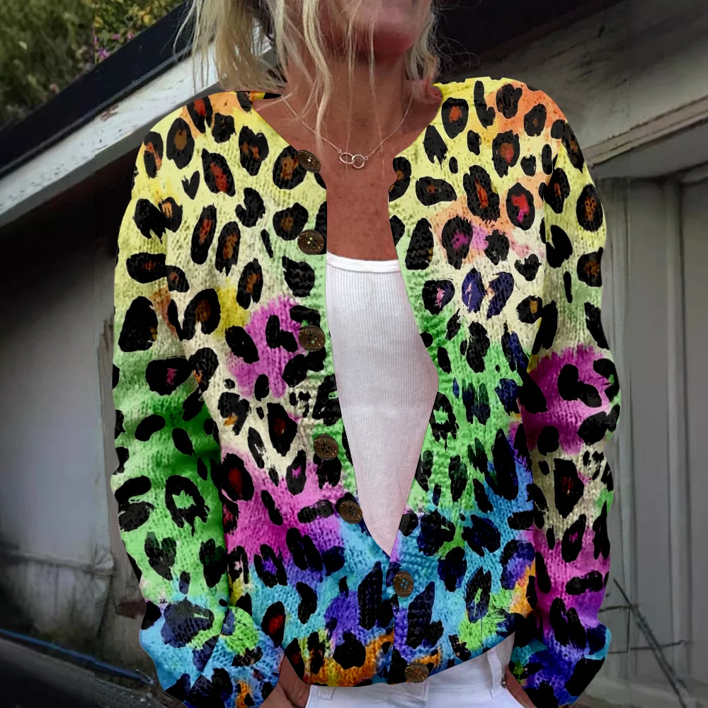 

Осень-зима вязаный леопардовый кардиган, свитер, уличная одежда, женские свитера, вязаный топ, повседневные крутые джемперы, модные