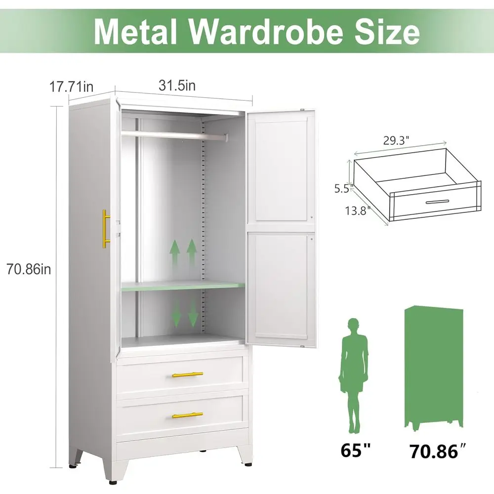 71" H Metal Armoire Wardrobe Closet with 2 Ders, Adjustable Shelve, Clothes Drying Pole, Steel Wardrobe Cabinet or Bedroom (Whit - view 2
