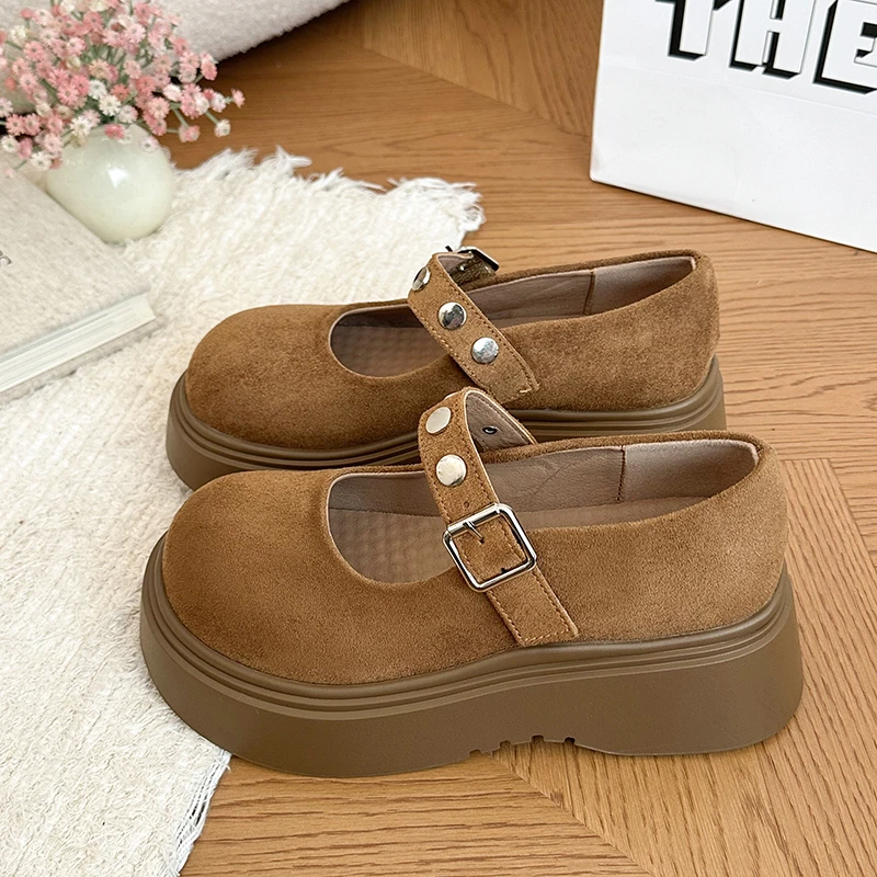 Thick-soled Women Mary Jane Shoes Fashion Belt Buckle Rivet Shallow Casual Shoes Spring Autumn Outdoor Novelty Platform Shoe New view 3