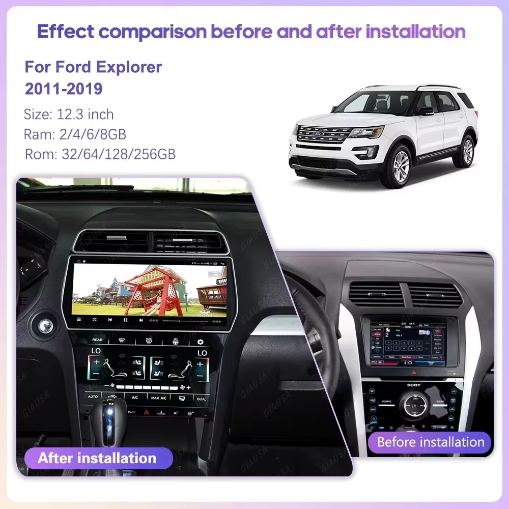 12.3 Inch Dual Screen Android 14 Head Unit Car Stereo GPS Navigation CarPlay Player For Ford Explorer 2011 2012 2013 2014 ‑2019