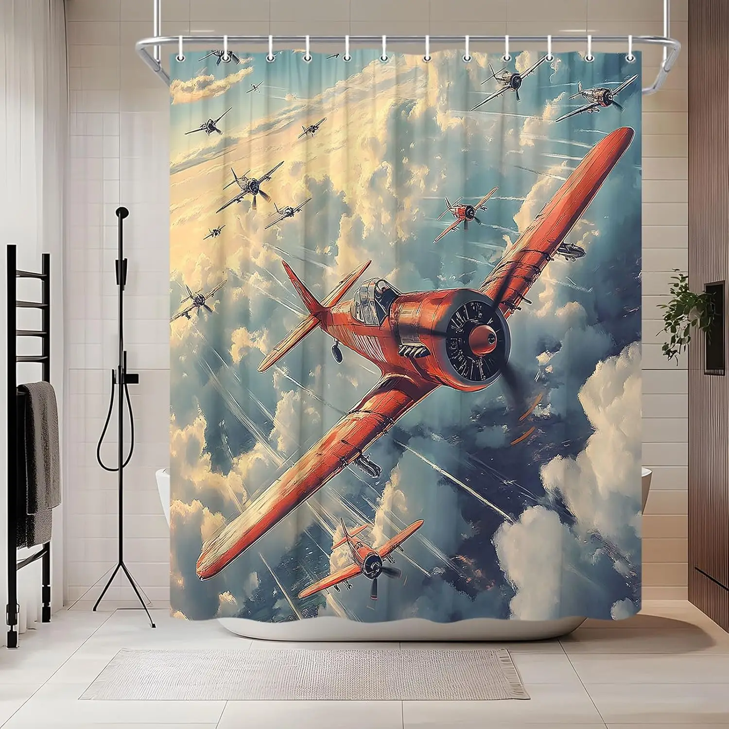Plane Airplane Shower Curtain Vintage Airliner Through Clouds Airport Aviation Themed Classic Aircraft Flying Men Boys Shower