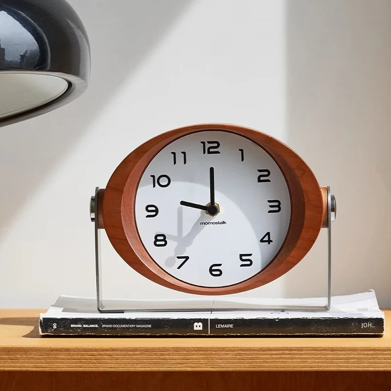 

Living Room Desk Clock, Solid Wood Decorative Timepiece, Creative Table Ornament, Stainless Steel Rotating Clock
