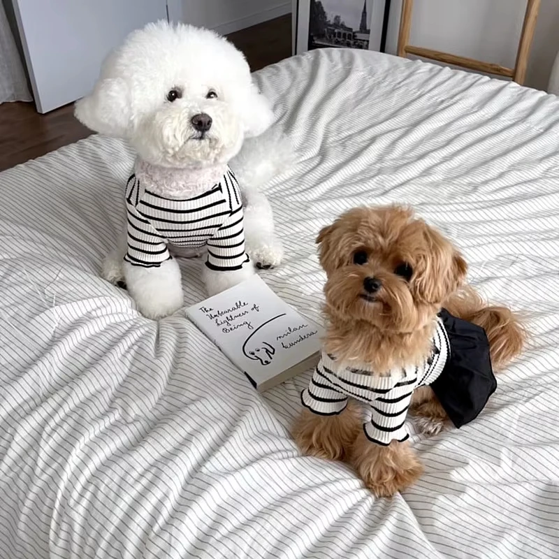 Robe d'été pour chien à rayures avec nœud et manches évasées_voghion.com