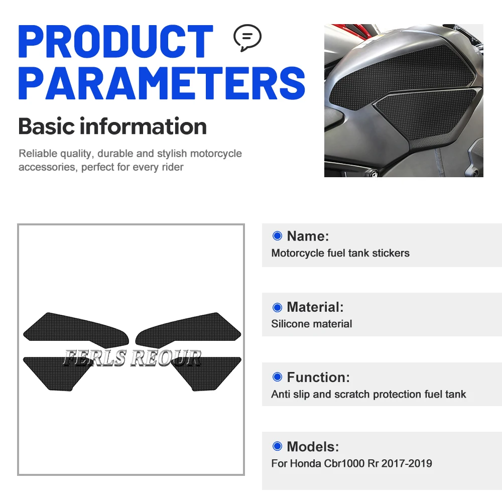 Suitable for Honda CBR1000 RR (2017–2019) motorcycles. Fuel tank decals, anti-slip pads, and tank knee pads made of rubber.