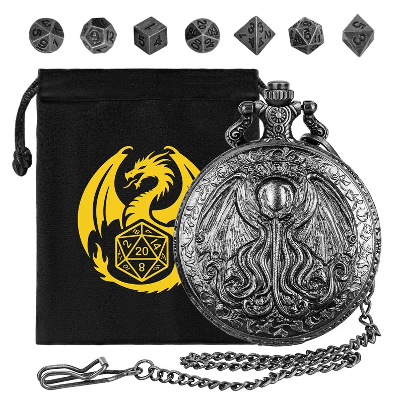 

Steampunk Octopus with Wings Pocket Watch Case 7-Piece Tiny Metal Polyhedral Dice Role Play Board Game Accessories Storage Bag