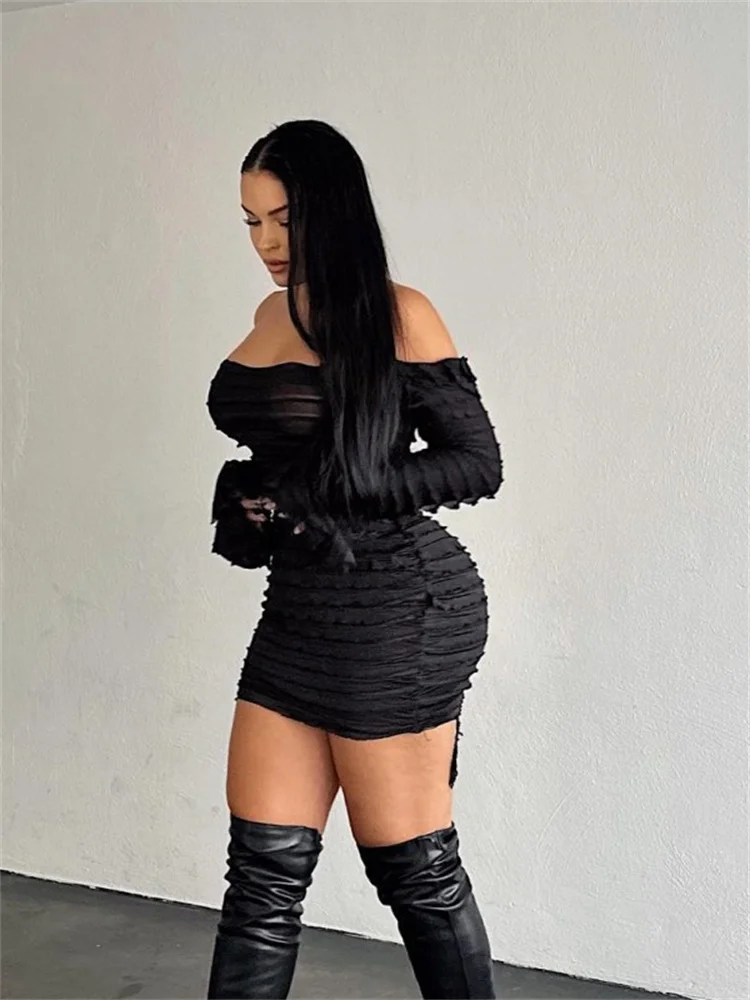 Simenual Balck Ruched Clubwear Women Sexy Off Shoulder See Through Mini Dress Baddie Hot Pleated Bodycon Dresses Fairy Holiday