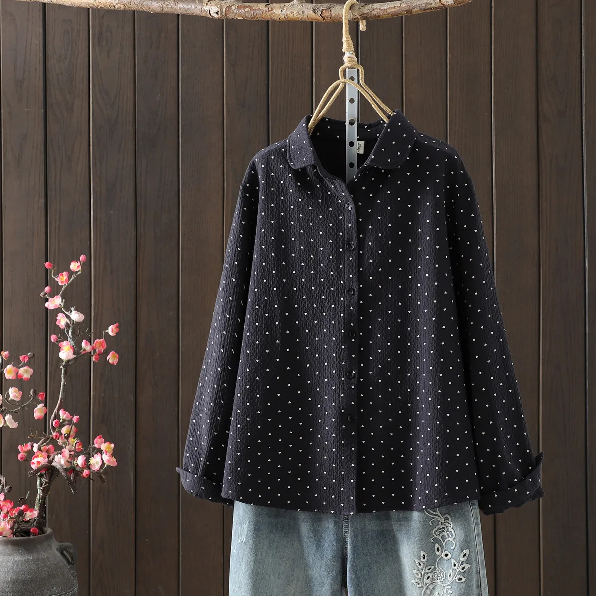 جديد 2025 الخريف قميص قطني بكم طويل ، المرأة بدوره إلى أسفل طوق طباعة ، موري فتاة موضة عادية رشاقته بلوزة فضفاضة T59651CC #4