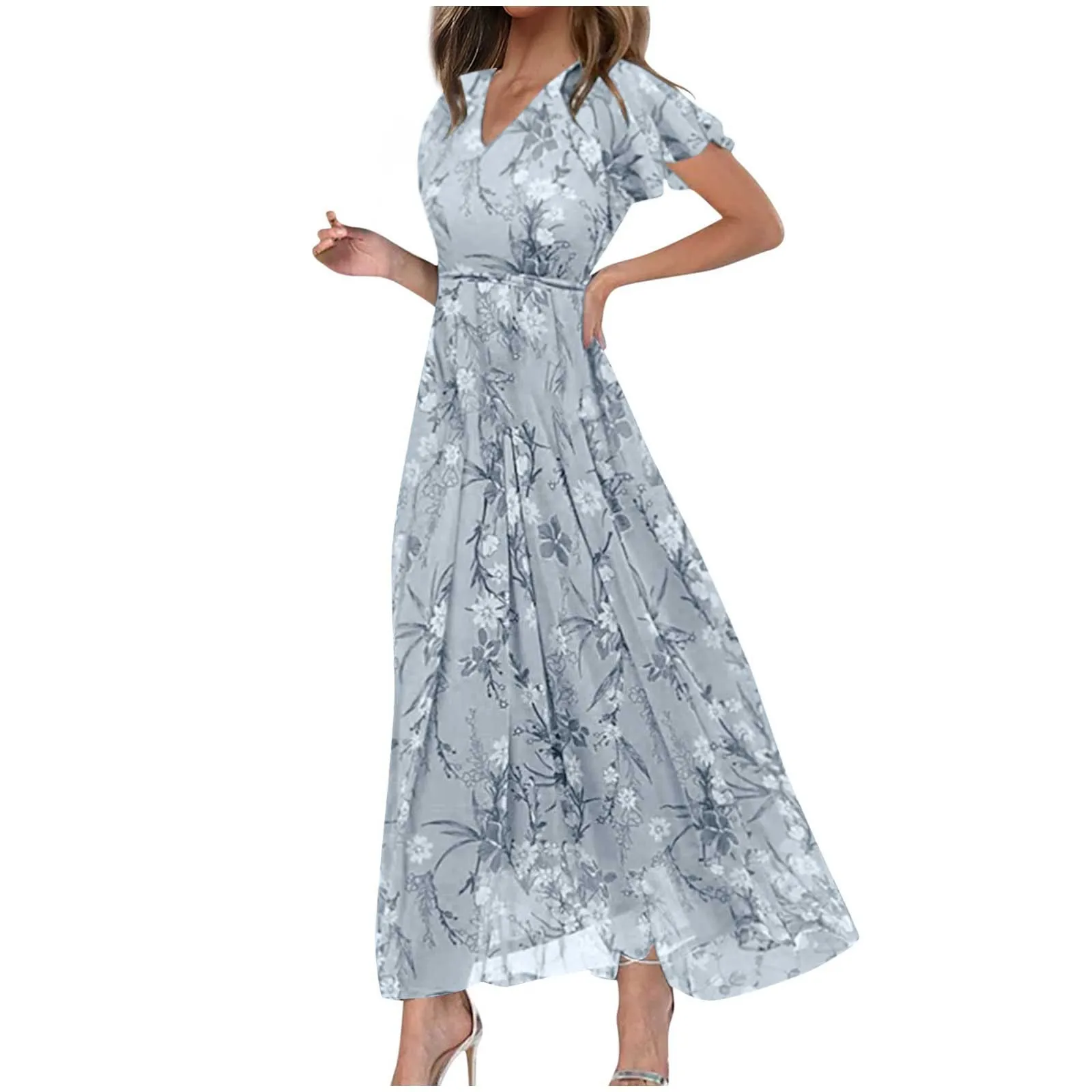 Vestidos Women'S Summer New Dress Casual High Waist Swing Dress Loose V-Neck Flowy Ruffle Short Sleeve Graceful Sundress