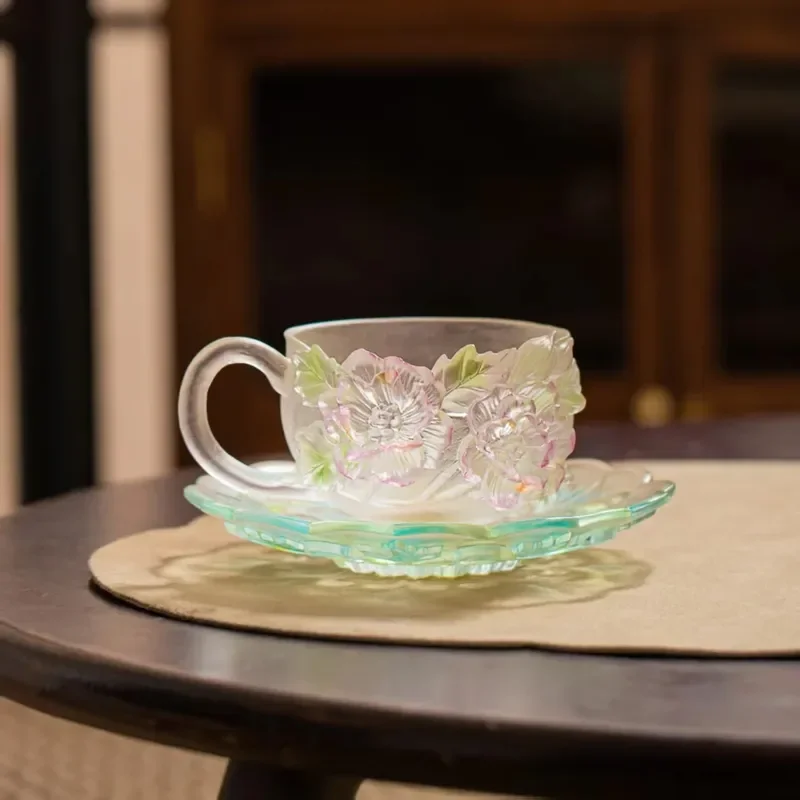 Vintage Glass Coffee Cup with Coaster Set Twelve Flower Gods Design Gradient Color Hibiscus Pattern Master Cup for Tea
