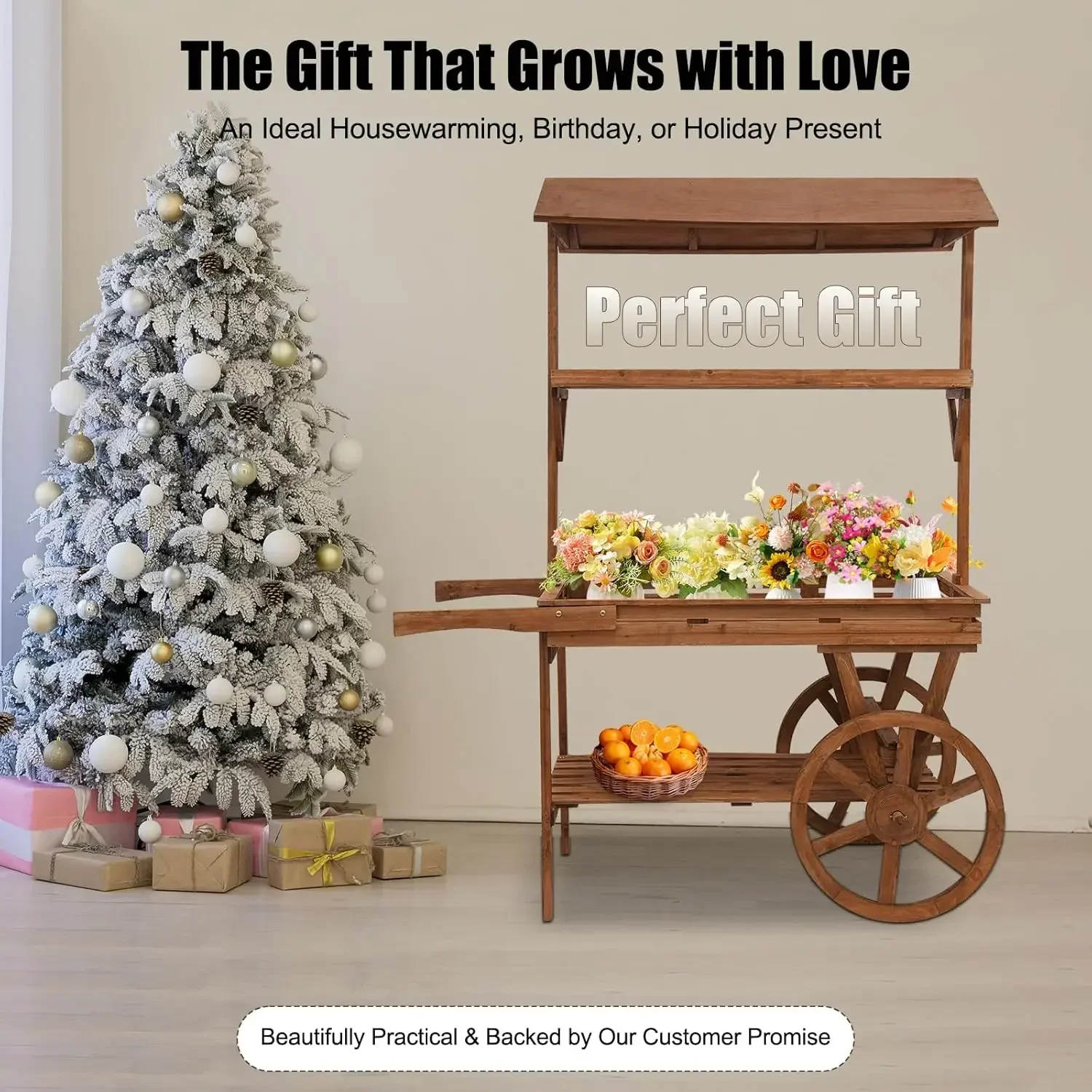 Large Rolling Wooden Cart With Wheels For Display Flower Candy Party Favors Crafted Items Easy Assemble Brown