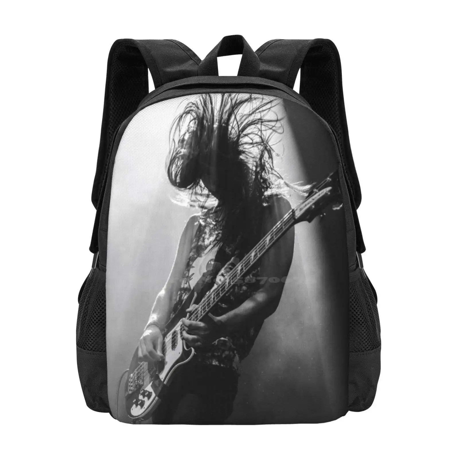 

Rock'N'Roll School Bag Big Capacity Backpack Laptop Rocknroll Health Guitar Musician Metal Hair Song Loud Black And White