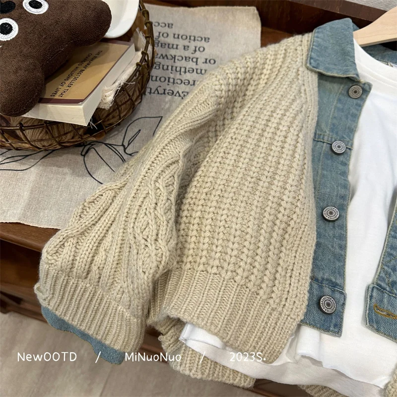 Boys Woolen Sweater Crochet Cotton Windbreak 2024 Khaki Plus Thicken Autumn Winter Cardigan Warm Children\'s Clothing