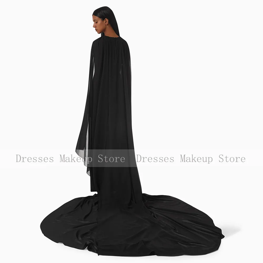 Elegant Formal Party Dress Black O Neck Cloak Sleeves Column Evening Gowns for Women 2025 Court Train Modern Evening Dresses