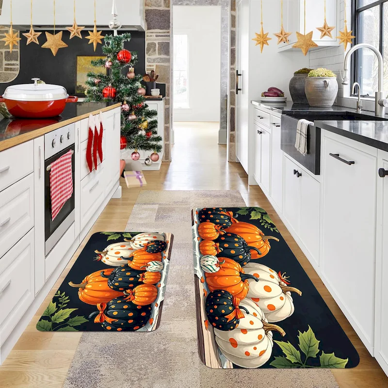 VIKAMA Black Background Polka Dot Pumpkin Carpet Corridor Anti Slip Soft Carpet Kitchen Absorbent Floor Mat Home Decoration