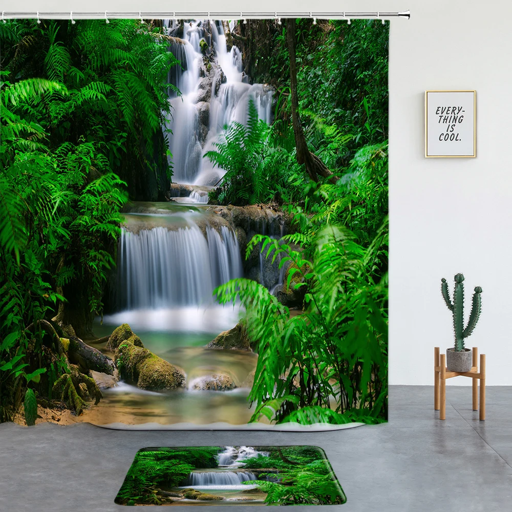 Forest Landscape Outside The Window Shower Curtains Set Non-slip Rug Bath Mats Bathroom Screen Entrance Door Mat Room Decoration